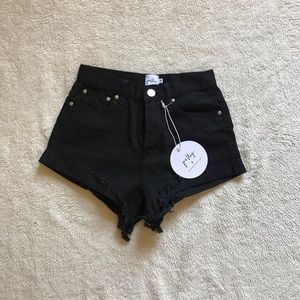 High waisted black denim shorts